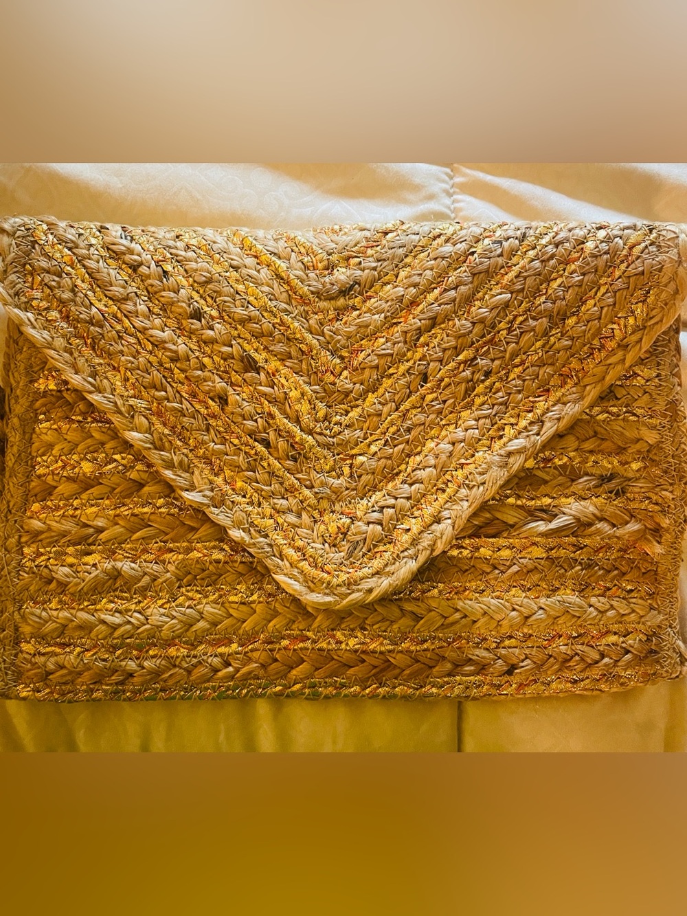 NWOT Fabulous MJ Woven Straw Clutch with Gold Thread Detail : 11” x 6 “